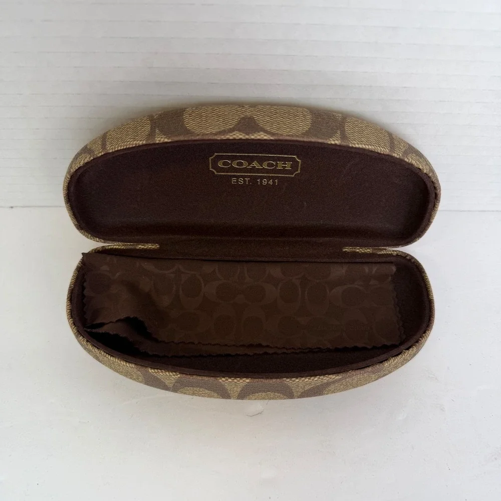 Coach‎ Signature Monogram Hard Shell Eyeglass Case Brown Tan with Cleaning Cloth